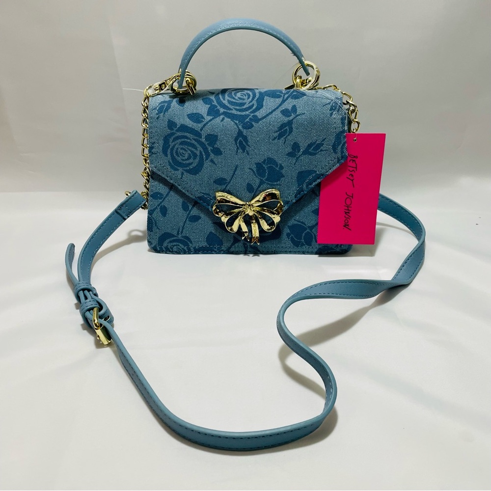 Betsey Johnson Blue DENIM Floral Crossbody Bag with Gold Bow, NWT - Picture 16 of 16